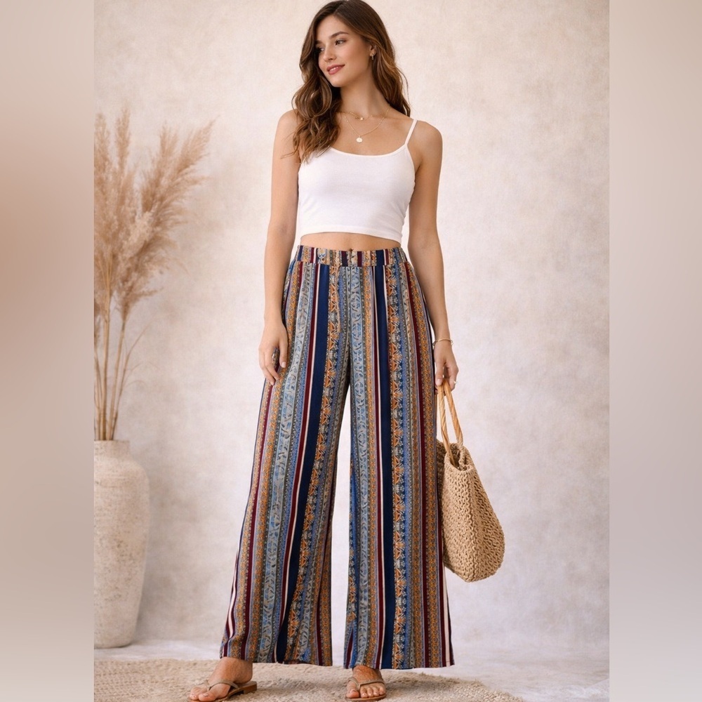 Boho Wide-Leg Artsy Pull On Elastic Waist Lounge Pants Relaxed Carefree Size L